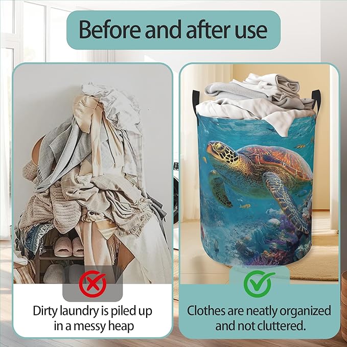 Sea Turtle Round Laundry Hamper Storage Basket Toys Clothes Organizer Bin For Home Bathroom Bedroom Dorm Nursery