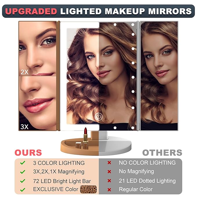 RoLeDo Lighted Makeup Mirror with Magnification 2X 3X 10X, Trifold Vanity Mirror with Lights, 72 LED Mirror, Touch Screen, 3 Color Lighting, Dual Power, Cheetah Print, Gifts for Women, Leopard Print