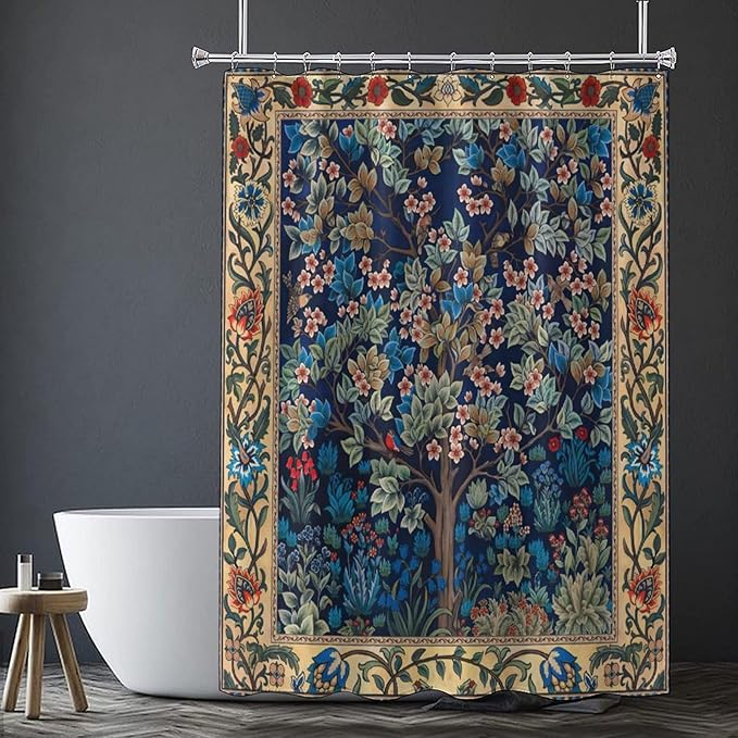 Boho Shower Curtains William Morris Art Retro Design Flower Trees Pattern Printed Shower Curtains 72""×72"" Inch, Style