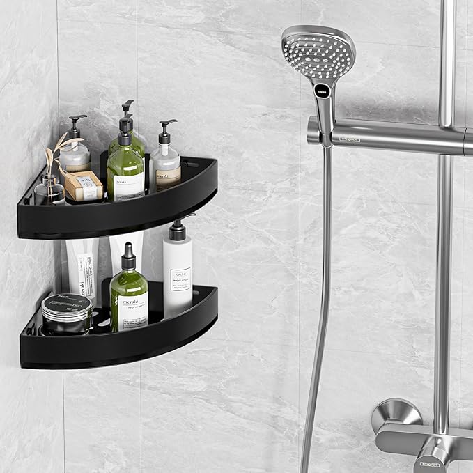 Wisfame Black Corner Shower Caddy - Rustproof Aluminium Triangle Shower Shelf - No Drill & Drill Installation - 2 Bathroom Shelves Wall Mounted (20LB Capacity/Tier)