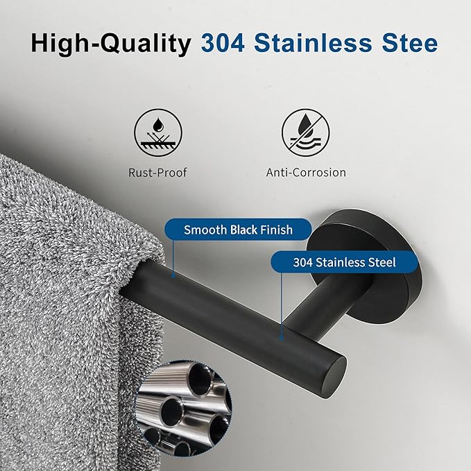 Matte Black Towel Bar, 24 Inch Towel Racks for Bathroom Wall Mounted, Thicken SUS304 Stainless Steel Heavy Duty Hand Towel Holder Organizer, Bathroom Accessories, Total Length 26.5 Inch