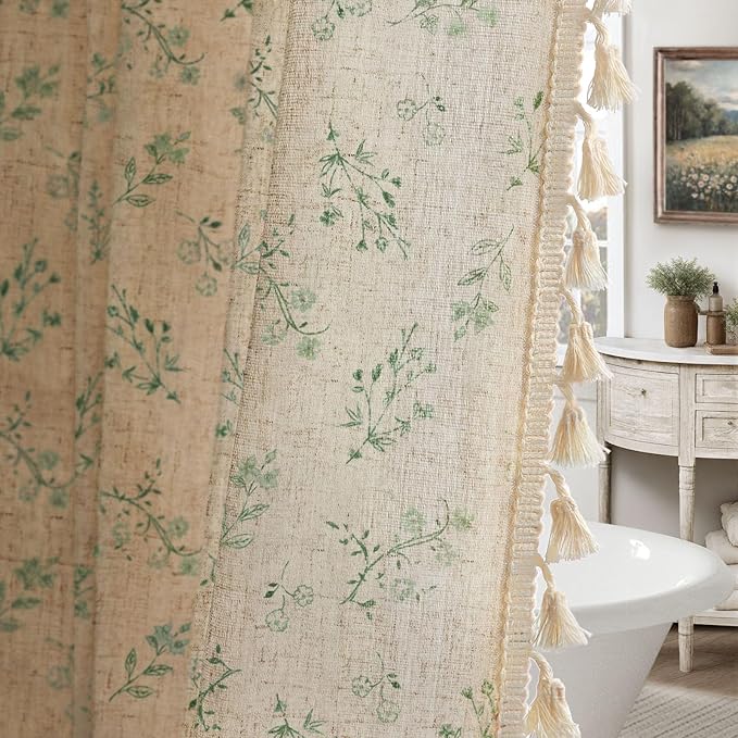 Green Floral Vintage Linen Shower Curtain, French Country Shower Curtains for Bathroom with Tassels, 72Wx72H