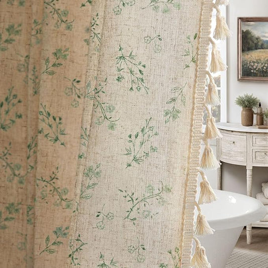 Green Floral Vintage Linen Shower Curtain, French Country Shower Curtains for Bathroom with Tassels, 72Wx72H