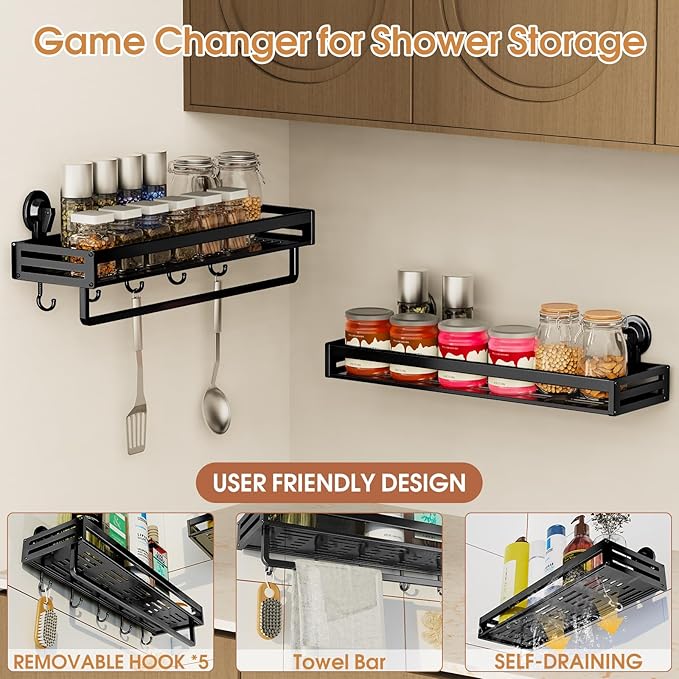 Shower Caddy Suction Cup, 15.7 inch Suction Shower Shelf with Hooks NO-Drilling Bathroom Holder, Rustproof Bathroom Organizer, Black
