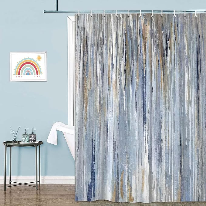 JAWO Abstract Shower Curtain, Modern Aesthetic Abstract Stripe Shower Curtain Set for Bathtub Bathroom, Gray Blue Brown Contemporary Abstract Painting Fabric Shower Curtains,Blue,60X70