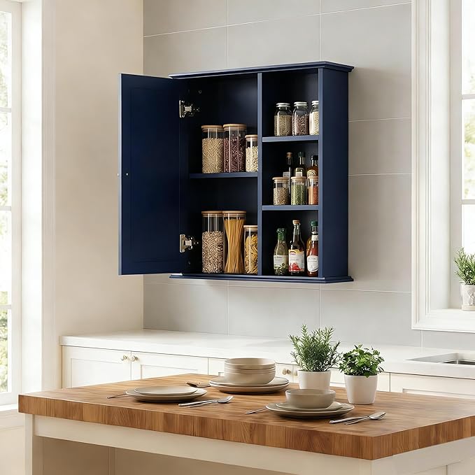 The Wide Usage Wall Medicine Cabinet with Storage Shelves & Anti-Dust Door for Bathroom, Living Room, Kitchen, Entryway,Bedroom (Blue)
