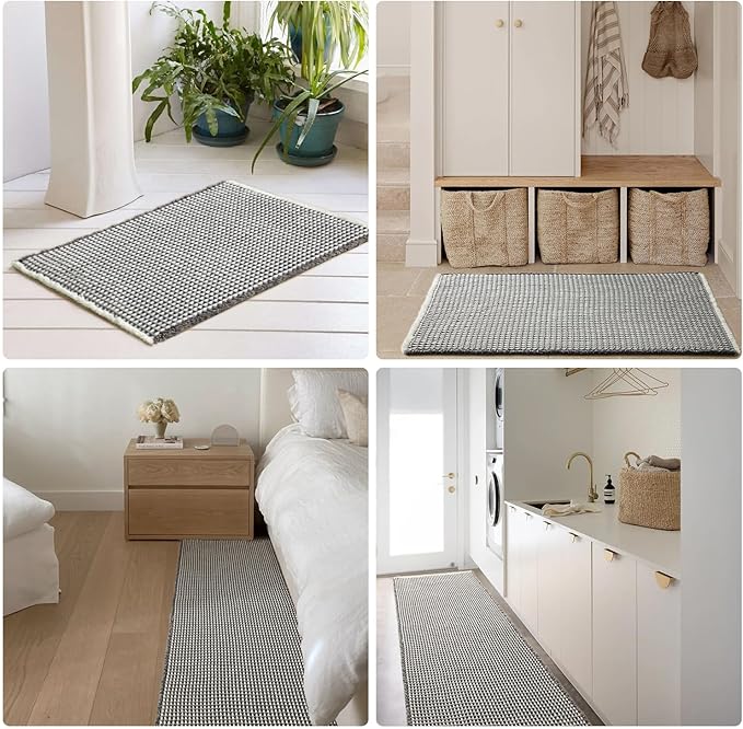 Waffle Runner Rug Bathroom, Long Boho Bathroom Rugs Non Slip Washable Super Absorbent Quick Dry Farmhouse Bath Decor, 60"x24" Grey and White