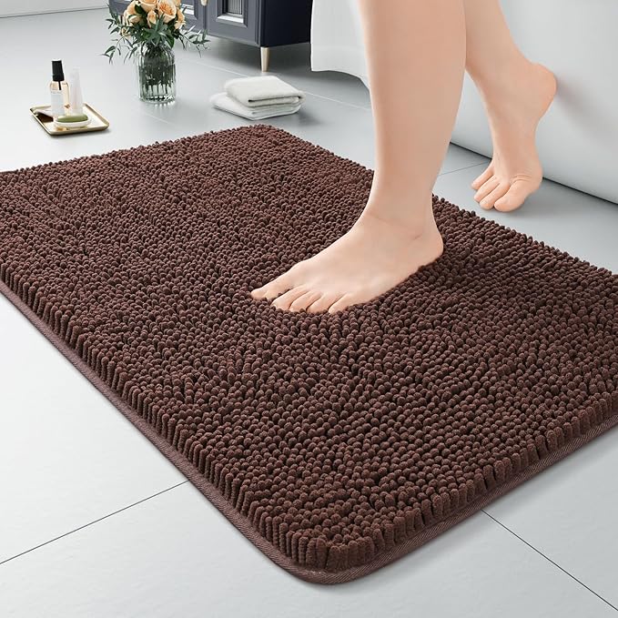 LOCHAS Luxury Bathroom Rug Shaggy Bath Mat 20 x 30 Inch, Washable Non Slip Bath Rugs for Bathroom Shower, Soft Plush Chenille Absorbent Carpets Mats, Brown