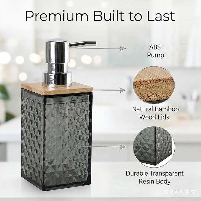Grey Bathroom Accessory Set, 6 PCS Grey Bathroom Accessories Set, Soap Dispenser, Toothbrush Holder, Soap Dish, Mouthwash Cup, Cotton Swab Holder and Toilet Brush, Acrylic