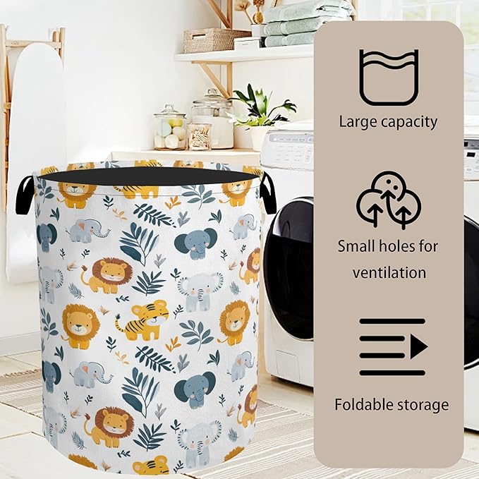Cute Wood Animals Foldable Canvas Laundry Basket with Handles - Toy Organizer, Heavy Duty for Home，Bedroom, Dorm, Bathroom