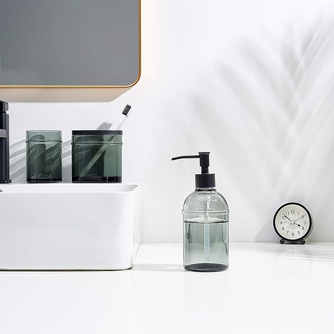 4-Piece Bathroom Accessories Set, Dark Smoke Gray Plastic Dispenser Set with Soap Pump, Toothbrush Holder, Cotton Swab Jar, and Tumbler for Modern Vanity Countertop Decor