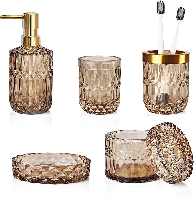 LaMarriti Brown Bathroom Accessories Set, 5Pcs Glass Bathroom Set, Lotion Soap Dispenser, Toothbrush Holder, Soap Dish, Qtips Holder, Tumbler for Crystal Vintage Bathroom Decor, Gift Set