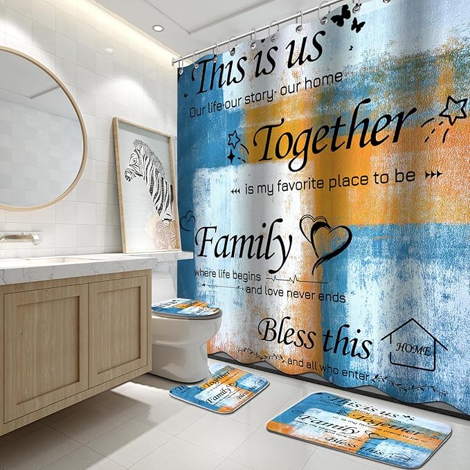 Lnond 4Pcs Bathroom Shower Curtain Sets with Rugs, Orange Blue Motivational Home Family Bathroom Sets with Shower Curtain and Rugs and Accessories