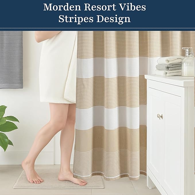 LANE LINEN Premium Shower Curtain for Bathroom - 72W x 72H - Dobby Striped Soft Textured Weave - Water Resistant & Quick Dry - Machine Washable - Reinforced Header with Metal Grommets - Beige