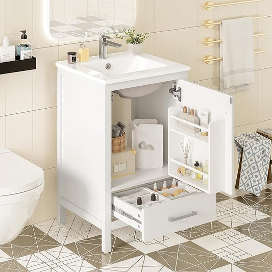 Virubi 20" Small Bathroom Vanity with Sink, Soft-Close Drawer and Door, Wood Modern Single Bathroom Sink Cabinet with Doors and Shelves, Adjustable Foot Pads, for Small Space (White)