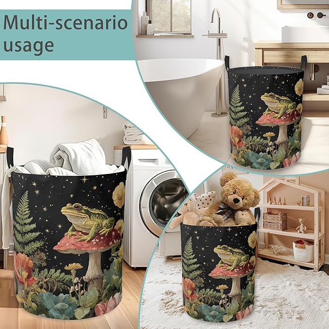Starry Sky Frog Mushroom Round Laundry Basket Collapsible Laundry Hamper with Handles Toys Clothes Organizer Bin For Home Bathroom Bedroom Dorm Nursery