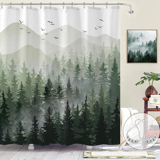 Accnicc Green Misty Forest Shower Curtain Ombre Sage Green White Waterproof Fabric Shower Curtains for Bathroom Nature Pine Tree Mountain Woodland Decorative Bath Curtain Decor (72'' × 72'')