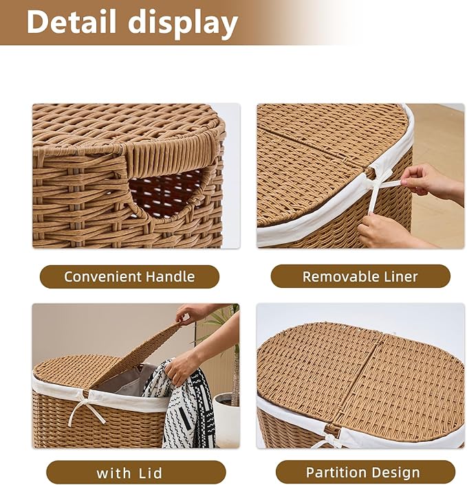 Laundry Hamper with Lid, 70L Handwoven Rattan Clothes Hamper with Removable Liner Bags, 2 Section Wicker Laundry Basket for Bedroom, Laundry Room and Bathroom(Rattan, 70L)