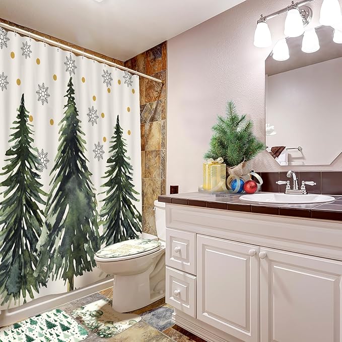 Drydiet 4 Pcs Christmas Shower Curtain Set Bathroom Decoration Non Slip Rugs Mat Toilet Lid Cover Shower Curtain for Xmas Holiday Farmhouse Home Bathroom Decor(Green Christmas)