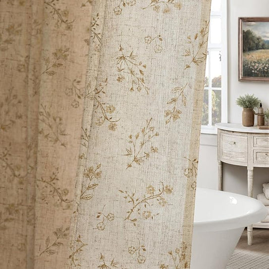 Beige Floral Farmhouse Vintage Linen Shower Curtain, French Country Shower Curtains for Bathroom, 72Wx72H