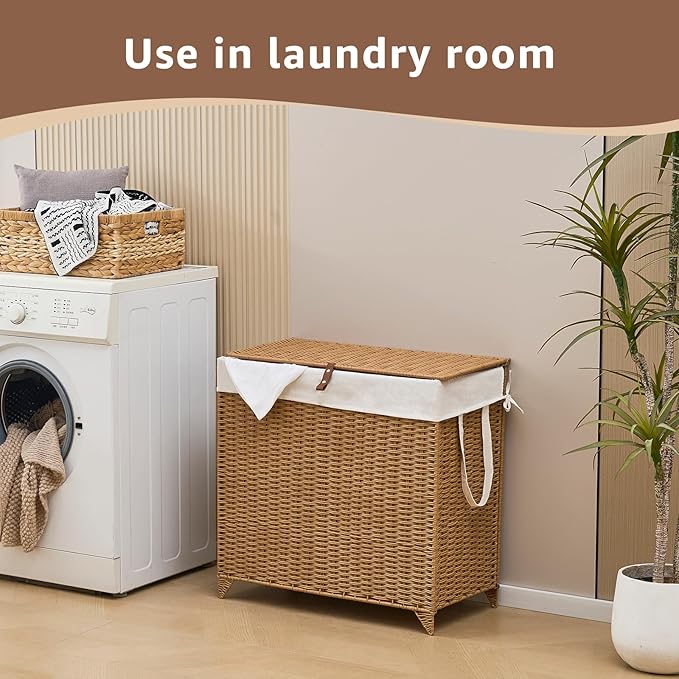 Handwoven Laundry Hamper with Lid, Natural Hyacinth Heightened Feet Laundry Basket, Wicker Clothes Hamper with Removable Liner Bag (Wicker, 120L)