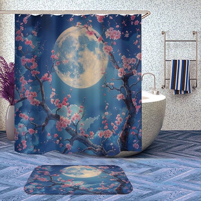 Cherry Blossoms Shower Curtain Set with Rug, Toilet Lid Cover and Bath Mat, Night Sky Moon Japanese Anime Bathroom Decor Sets Accessories with 12 Hooks