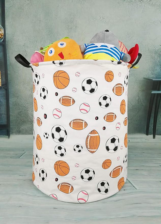 KUNRO Round Basketball Football Laundry Gift Basket Storage Hamper, Clothes Storage Organizer Bins, Shelf Basket with Handles for Room Decor (Balls)