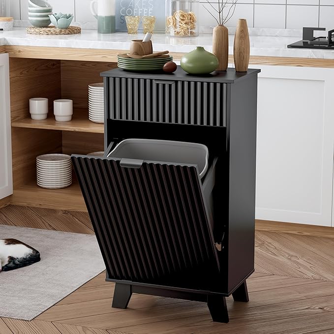 Double Tilt Out Laundry Hamper Cabinet, 20 Gallon Wooden Trash Can Cabinet with Storage Drawers, Hidden Fluted Garbage Can Holder for Kitchen, Living Room (Black, 20.47" W x 35.83" H x 13" D)