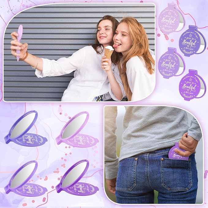100 Pcs 2.76 Inch Inspirational Compact Mirror Bulk Women Small Gifts Graduation Party Favors Purse Mirror Pocket Mini Stuffer Items for Adult Coworker Cheerleader Employee (Purple Series)