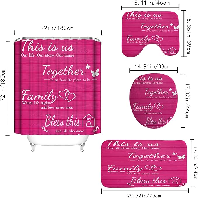 juwute 4Pcs Family Shower Curtain Sets with Non-Slip Rugs, Toilet Lid Cover and Bath Mat, Pink Home Bathroom Decor Set Accessories Waterproof Shower Curtains with 12 Hooks, 72 x 72 Inch