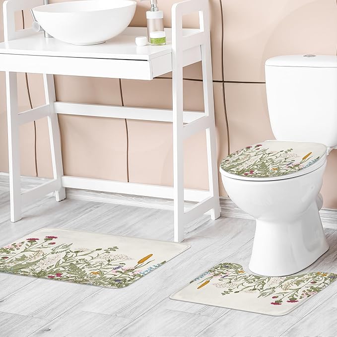 Riyidecor Wildflower Botanical 4Pcs Bathroom Shower Curtain Sets Floral Flower Herbs Green Leaf Bathroom Decor Set with Rugs and Accessories Plant Toilet Lid Rug, Contour and Bath Mat with 12 Hooks