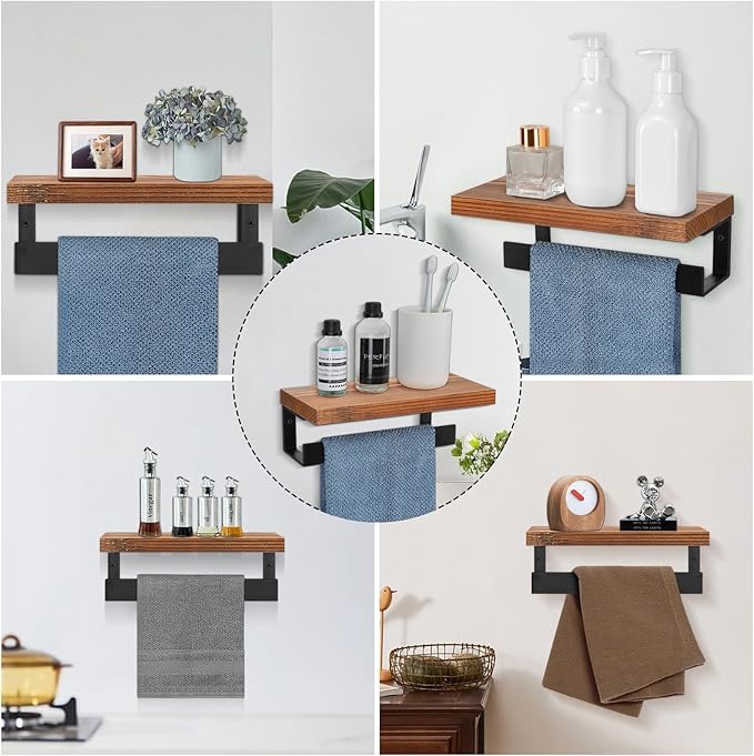 Hand Towel Holder/Towel Ring with Wooden Shelf, Hand Towel Rack, Hand Towel Hanger for Bathroom, Bath Accessories Wall Mounted, Matte Black (9"-Squ Shaped)