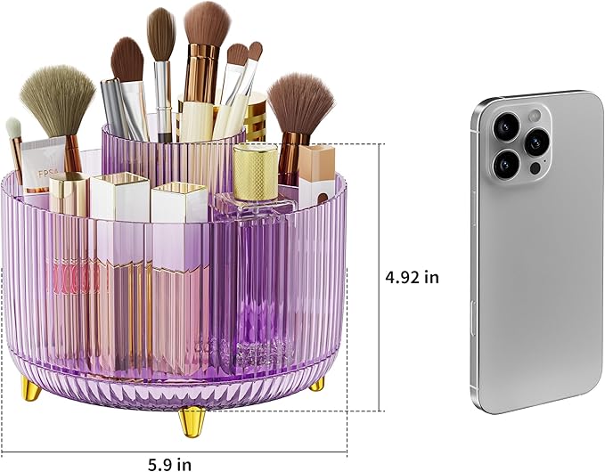 Clear Rotating Makeup Organizer Countertop for Vanity, 360?? Makeup Brush Holder Organizer with 5 Compartments, Transparent Cosmetic Storage for Lipstick, Skincare, Bathroom Counter(Transparent Purple)