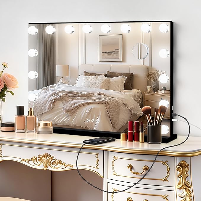 Moonee Black Vanity Mirror with Lights, Hollywood Lighted Makeup Mirror with 17 Dimmable Bulbs and 10X Magnification, 3 Colors Modes, Aluminum Metal Frame, Light Up Mirror for Tabletop/Wall（26" x 20"）
