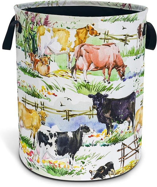 Cow Laundry Basket Farm Animals Foldable Waterproof Oxford Cloth Funny Tote Bag Laundry Hamper Clothes Storage Bucket Toy Organizer For Bathroom/Laundry Storage/Bedroom 18.9x16.5 Inch