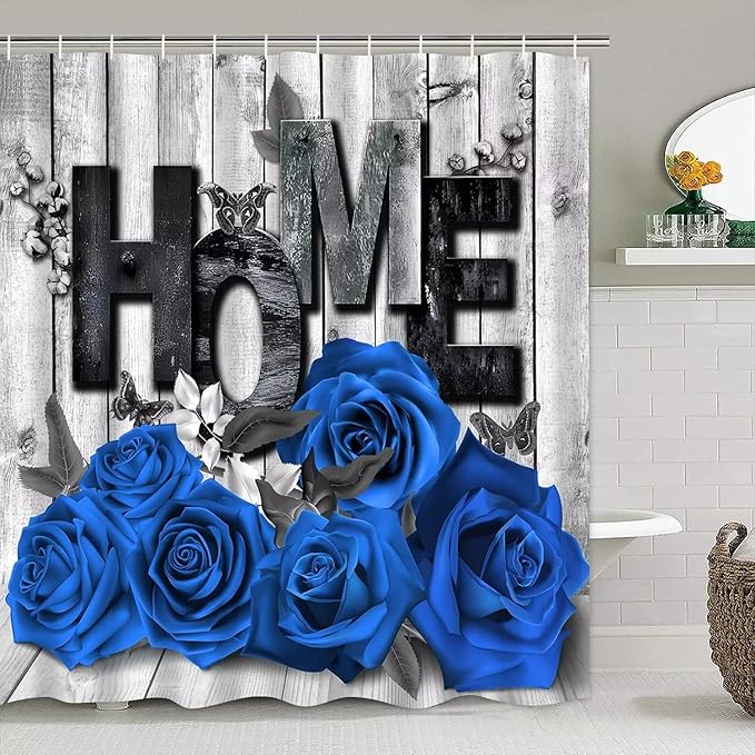 Yddsky Blue Rose Valentines 4 Pcs Shower Curtain Sets Non-Slip Rugs Bath Mat Toilet Cover U Shaped Mat Romantic Blue Bathroom Decor with 12 Hooks Valentines Day Bathroom Set