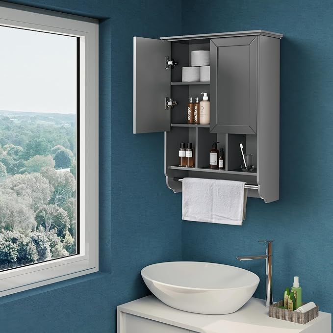 VANIRROR Bathroom Wall Cabinet with Towel Bar,Wooden Medicine Cabinet Adjustable Shelves,23x32 Inch Kitchen Cabinet,Over Toilet Storage Cabinet for Bathroom,Kitchen,Laundry