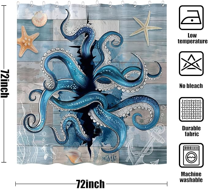 Accnicc Navy Blue Octopus Shower Curtain Funny Ocean Nautical Kraken Seashell Starfish Shower Curtains for Bathroom Beach Coastal Wooden Cool Unique Waterproof Fabric Bath Curtain Decor 72 X 72 Inch