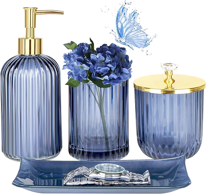 Jenseits Blue Bathroom Accessories, 4 Pcs Glass Bathroom Set Complete Includes Soap Dispenser, Toothbrush Holder, Apothecary Jar, Vanity Tray, Decorative Bathroom Organizers Decor, Housewarming Gift