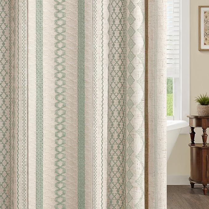 Sage Green Boho Shower Curtain for Bathroom, Linen Striped Print and Twine-Inspired Woven Center,72" W x 72" L