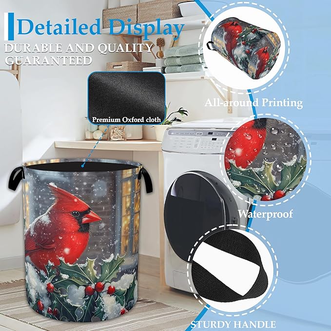 Winter Cardinal Red Bird Laundry Basket Collapsible Laundry Hamper, Oxford Cloth Storage Bin for Room/Bathroom/Bedroom/Dormitories 16" X 20.8"