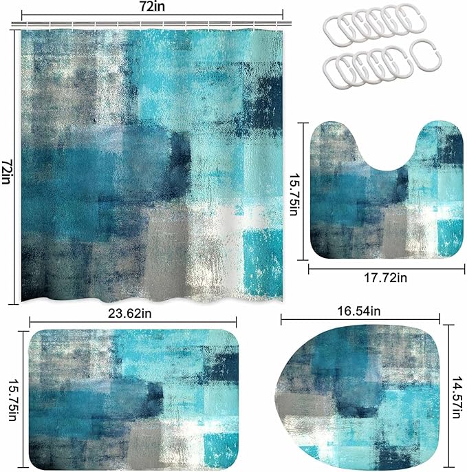 Lnond 4Pcs Bathroom Shower Curtain Sets with Rugs,Turquoise Abstract Painting Bathroom Sets with Shower Curtain and Rugs and Accessories