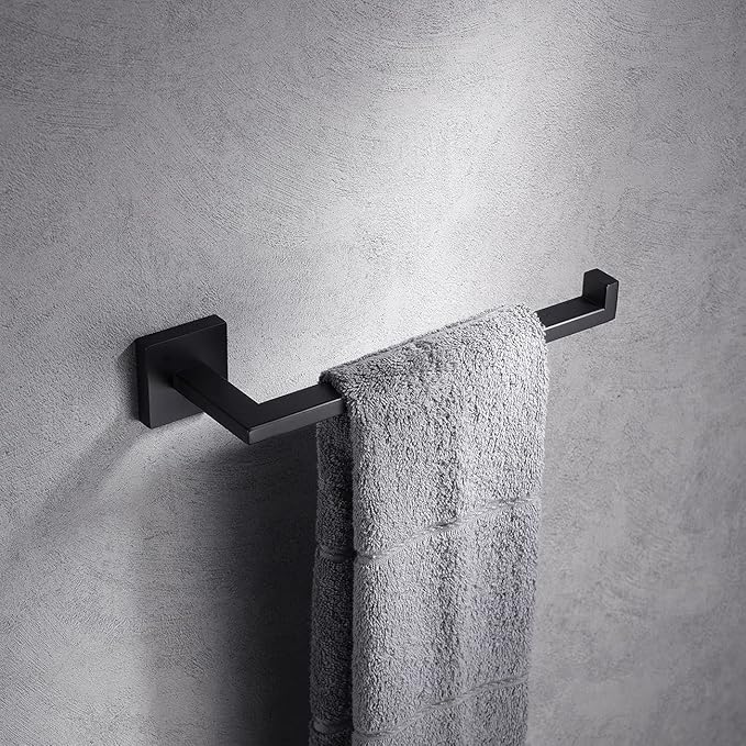 Miyili Matte Black Hand Towel Ring, Stainless Steel Bathroom Towel Holder Square Towel Holder Kitchen Towel Hanger Wall Mount, D06B