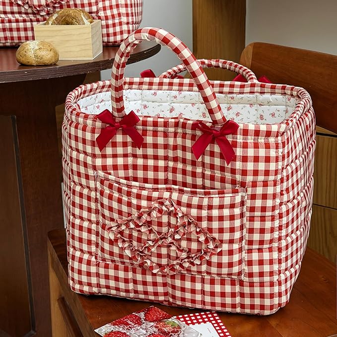 Quilted Fabric Basket Car Storage Basket Boho Floral Laundry Hamper for Nursery Bedroom & Living Room | Organize Clothes Toys (Red Gingham Check)