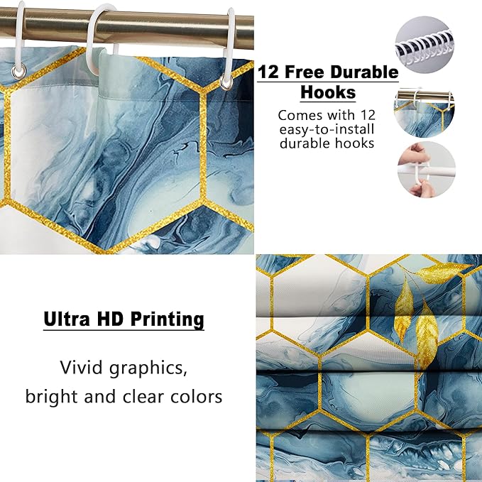 Poedist Shower Curtain Set with Rugs,Bathroom Accessory Set, Including Non-Slip Rugs,Toilet Lid Cover and Bath Mat, Waterproof Shower Curtain with 12 Hooks,Grey and White Honeycomb Marble
