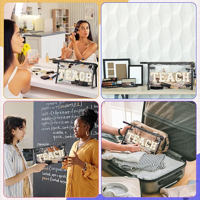 CY2SIDE TEACH Clear Makeup Bag - White TEACH Letter Patch Cosmetic Bag with Handle for Travel PVC Zipper Clear Toiletries Waterproof Portable Travel Organizer Teacher Appreciation Gifts, Black