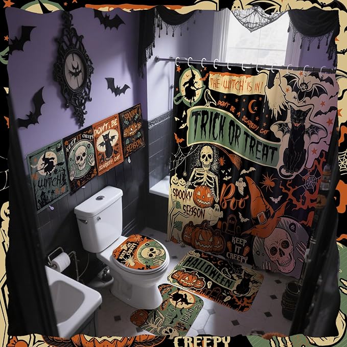FuWeave 8 Pcs Halloween Shower Curtain Set for Bathroom Include Vintage Ghost Pumpkin Bat Cat Towels Non Slip Skull Rugs Toilet Lid Cover Spider Web Bath Mat and 12 Hooks for Halloween Bathroom Decor