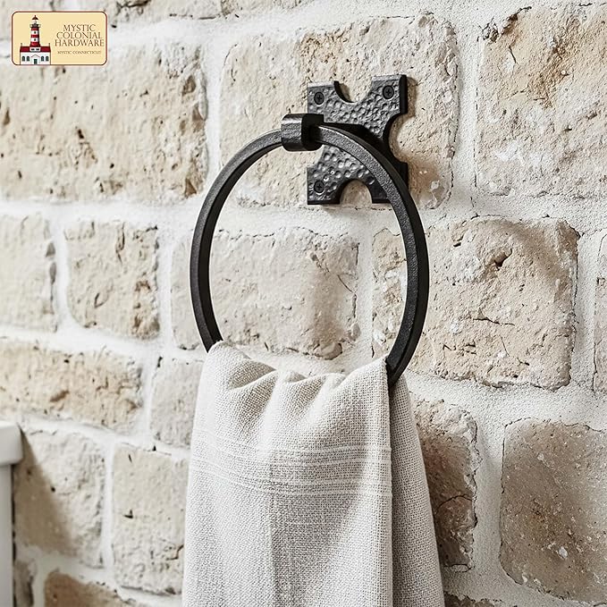 Mystic Colonial Cast Iron Towel Bar Rustic Wall Mounted Metal Rack for Bathroom, Kitchen, or Entryway � Black Heavy-Duty Towel Holder (6.25"", Rustic Iron Wall Mounting)