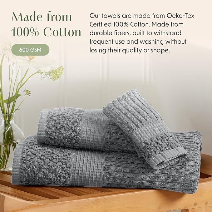 Springtree Home 100% Cotton Bath Towel Set 6 Piece Set | Super Soft & Absorbent Quick-Dry 2 Bath Towels 2 Hand Towels & 2 Washcloths |Textured and Durable Cotton | Krista Collection (Ultimate Grey)