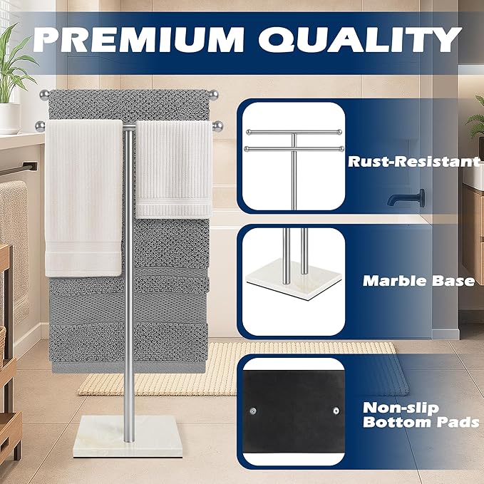 Standing Towel Rack with Marble Base, 2-Tier Free Standing Towel Racks for Bathroom, 40" Height Floor Towel Stand Holder for Bathroom, White